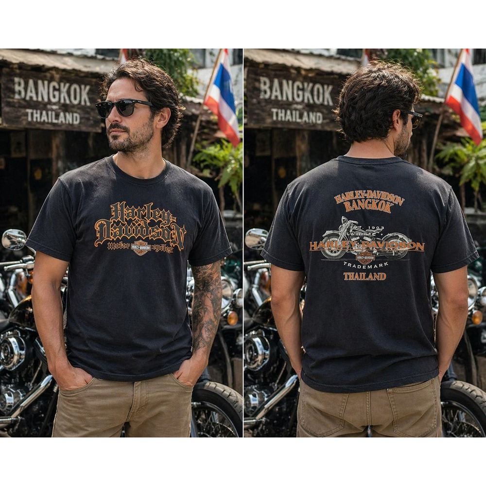 Harley Davidson Bangkok Thailand Tee Men's XXL Black 2-Sided Graphic Biker Tee